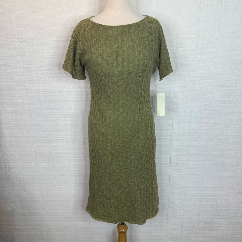 NEW Mikael Aghal Sage Green Textured Knit Sheath Boho Dress Size 10 Lined Midi